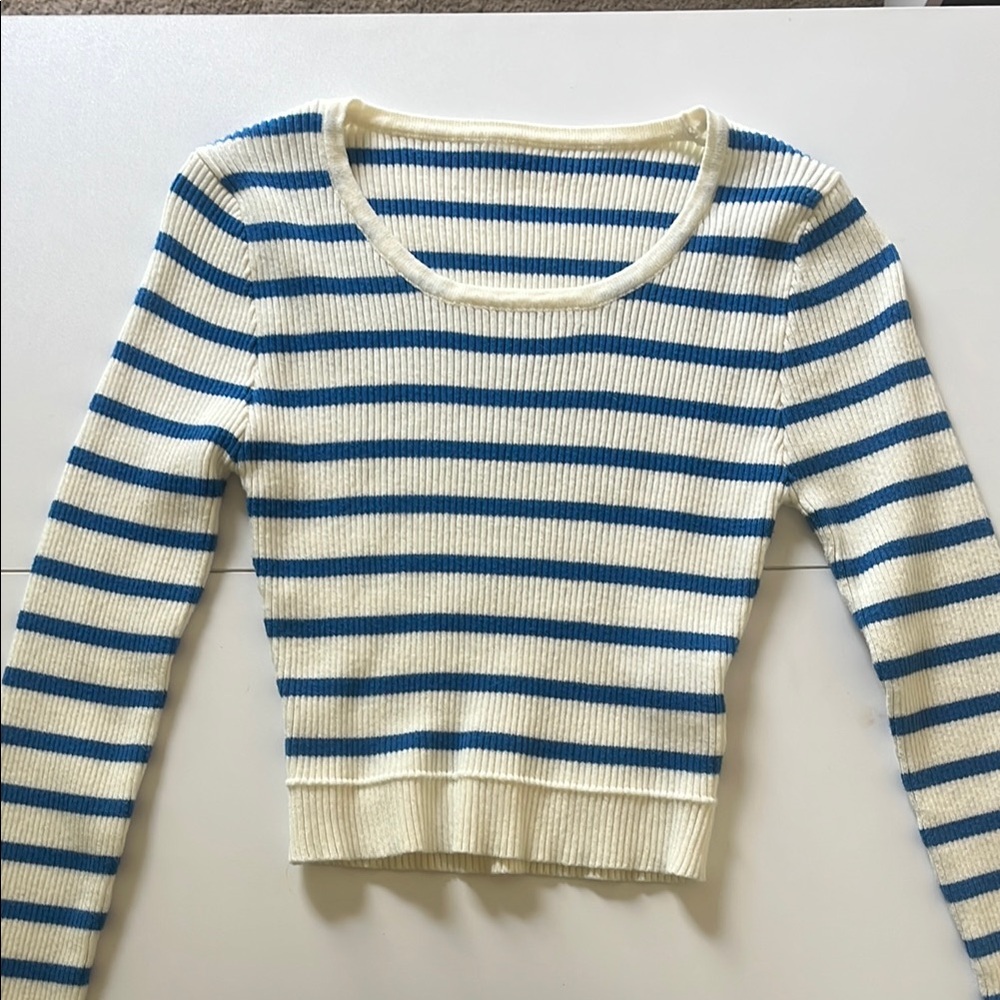 SHEIN Blue and White Striped Crew Neck Sweater